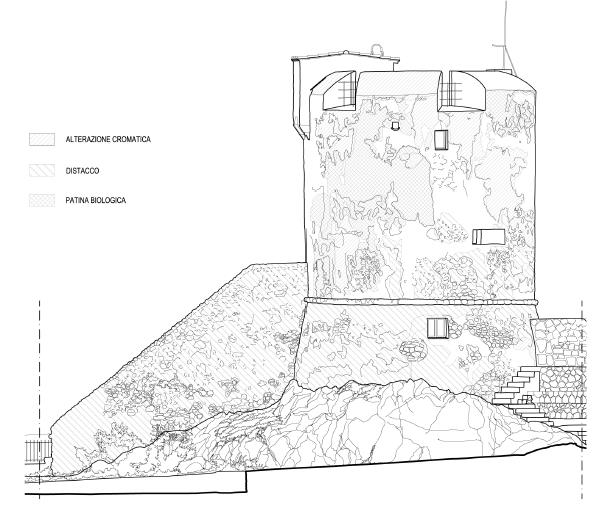 disegno della Torre con evidenziati i danni alla struttura. (Daniele Venturini e Giacomo Venturini)